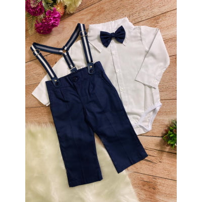 Conjunto Social Meninos Marinho Camisa Branca Susp e Gravata