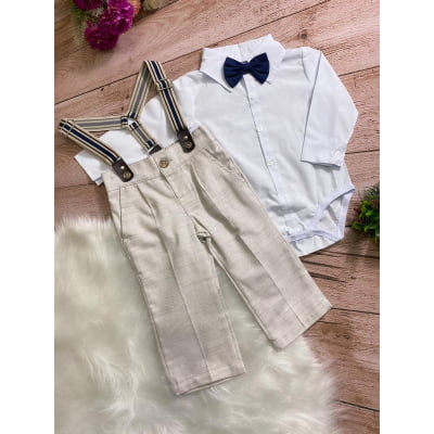 Conjunto Social Meninos Palha Camisa Branca Susp. e Gravata