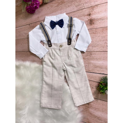 Conjunto Social Meninos Palha Camisa Branca Susp. e Gravata