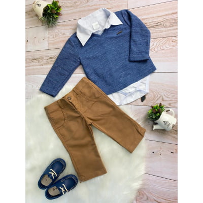CONJUNTO SOCIAL MENINOS SUETER CAMISA CALÇA GRAVATA E SUSPEN.