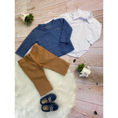 CONJUNTO SOCIAL MENINOS SUETER CAMISA CALÇA GRAVATA E SUSPEN.