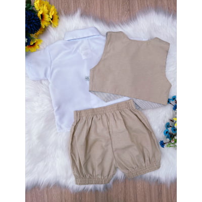 Conjunto Social Short Camisa Gravata Bege Toys