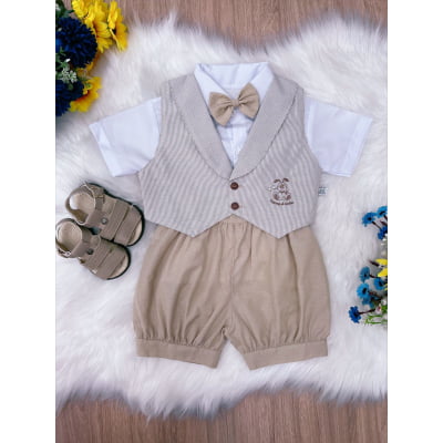Conjunto Social Short Camisa Gravata Bege Toys