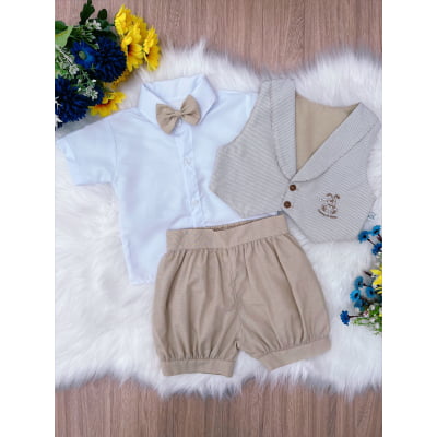 Conjunto Social Short Camisa Gravata Bege Toys