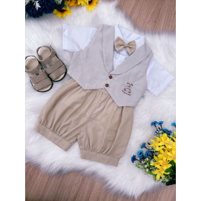 Conjunto Social Short Camisa Gravata Bege Toys