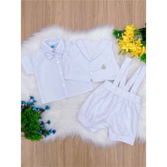 Conjunto Social Short Camisa Gravata Branco Com Suspensório