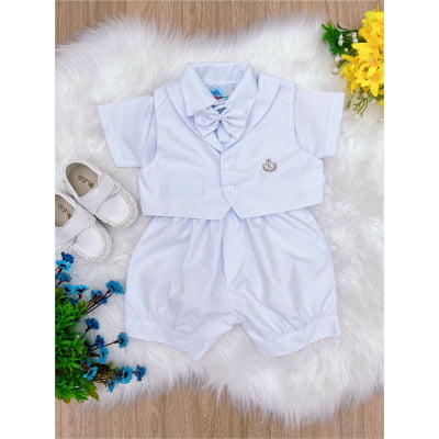 Conjunto Social Short Camisa Gravata Branco Com Suspensório