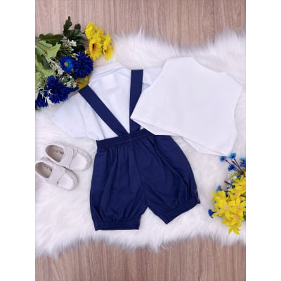 Conjunto Social Short Camisa Gravata Suspensório Branco