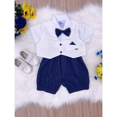 Conjunto Social Short Camisa Gravata Suspensório Branco