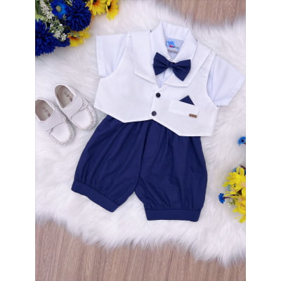 Conjunto Social Short Camisa Gravata Suspensório Branco