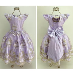 Vestido Infantil Lilás Renda Luxo Cinto Pérolas Princesas
