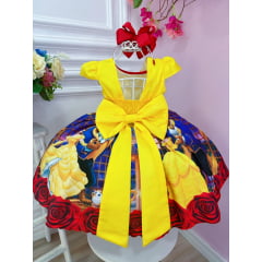 Vestido Infantil Bela e a Fera Amarelo C/ Cinto de Pérolas