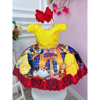 Vestido Infantil Bela e a Fera Amarelo C/ Cinto de Pérolas