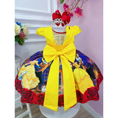 Vestido Infantil Bela e a Fera Amarelo C/ Cinto de Pérolas