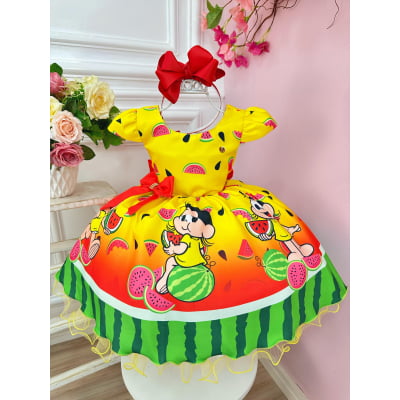 Vestido Infantil Amarelo e Vermelho C/ Aplique de Laço Festas