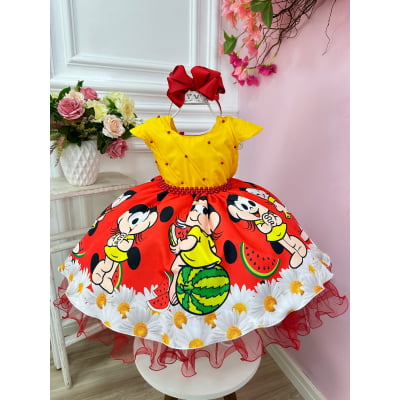 Vestido Infantil Amarelo e Vermleho Busto C/ Pérolas Festas