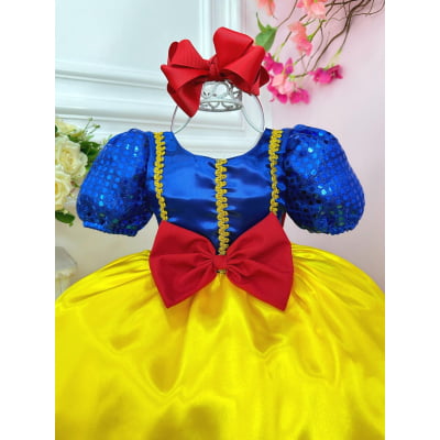 Vestido Infantil Branca de Neve Amarelo C/ Aplique Laço