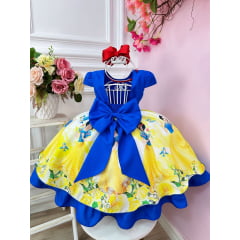 Vestido Infantil Branca de Neve Azul Amarelo C/ Cinto Pérolas