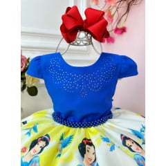 Vestido Infantil Branca de Neve Azul Amarelo C/ Cinto Pérolas