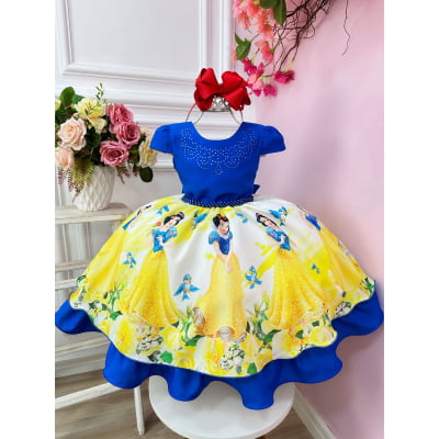 Vestido Infantil Branca de Neve Azul Amarelo C/ Cinto Pérolas