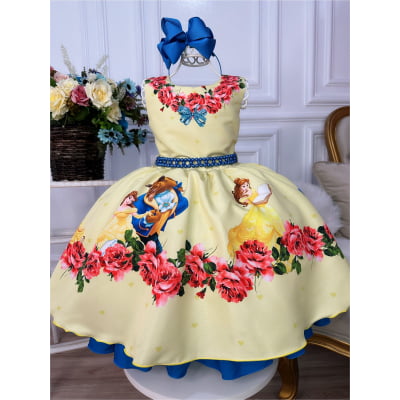 Vestido Infantil Bela e a Fera Amarelo e Azul C/ Pérolas