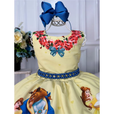 Vestido Infantil Bela e a Fera Amarelo e Azul C/ Pérolas