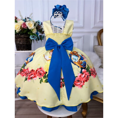Vestido Infantil Bela e a Fera Amarelo e Azul C/ Pérolas