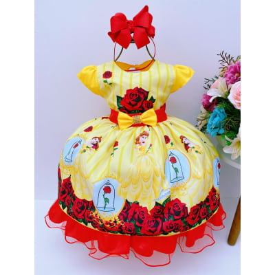 Vestido Infantil Bela e a Fera Amarelo Vermelho Flores Luxo