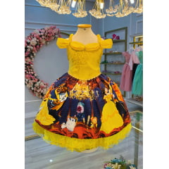 Vestido Infantil Bela e a Fera Azul e Amarelo C/ Renda Luxo