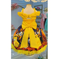 Vestido Infantil Bela e a Fera Azul e Amarelo C/ Renda Luxo