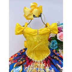 Vestido Infantil Bela e a Fera Azul e Amarelo C/ Renda Luxo