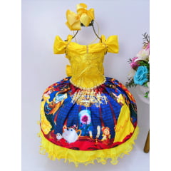 Vestido Infantil Bela e a Fera Azul e Amarelo C/ Renda Luxo