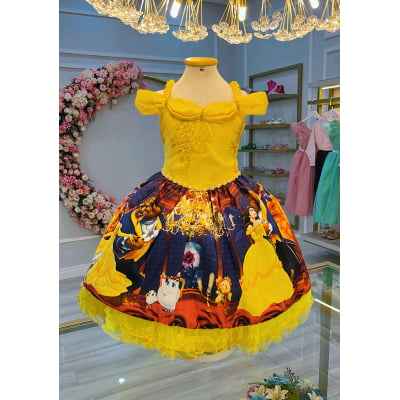 Vestido Infantil Bela e a Fera Azul e Amarelo C/ Renda Luxo