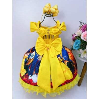 Vestido Infantil Bela e a Fera Azul e Amarelo C/ Renda Luxo
