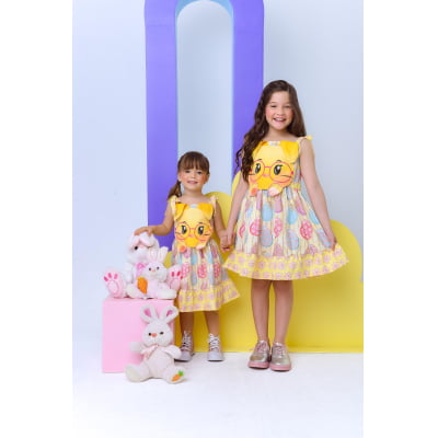Vestido Infantil Coelhinho da Páscoa Amarelo Luxo Festas
