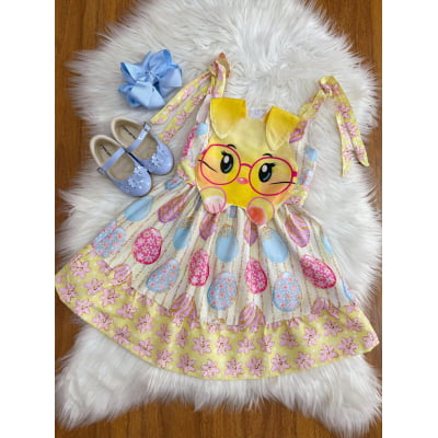 Vestido Infantil Coelhinho da Páscoa Amarelo Luxo Festas