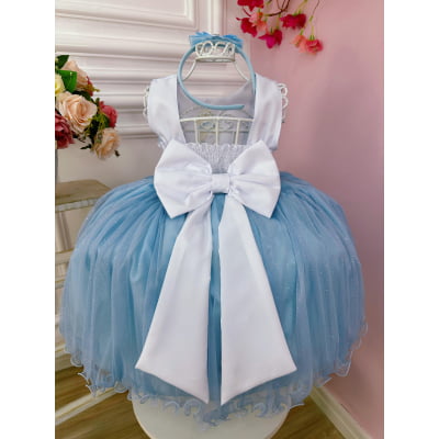 Vestido Infantil Azul Brilho Festas Princesa