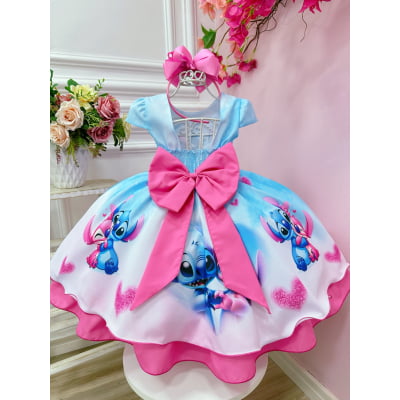 Vestido Infantil Azul Lilo Stitch e Angel Apaixonados Festas