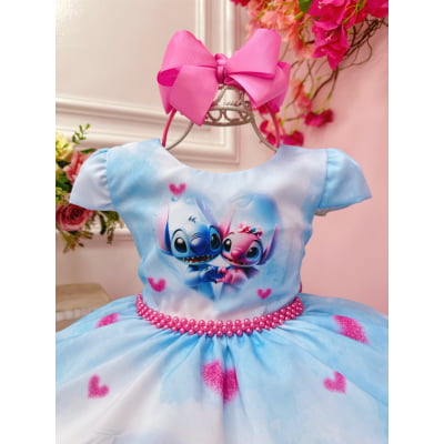 Vestido Infantil Azul Lilo Stitch e Angel Apaixonados Festas