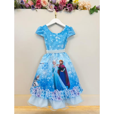 Vestido Infantil Azul Princesas Frozen Elsa Anna Festas