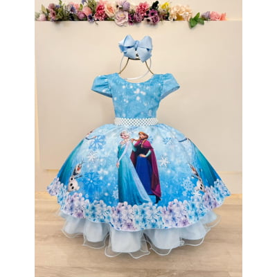 Vestido Infantil Azul Princesas Frozen Elsa Anna Festas