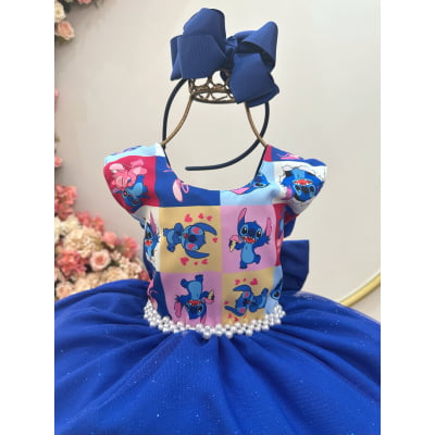 Vestido Infantil Azul Royal Lilo Stitch e Angel Festas