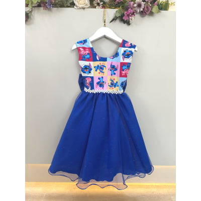 Vestido Infantil Azul Royal Lilo Stitch e Angel Festas