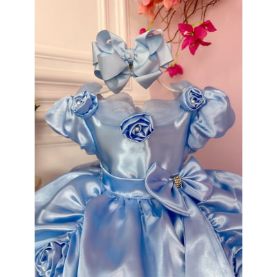 Vestido Infantil Cinderela Frozen Azul C/ Aplique de Flores Luxo