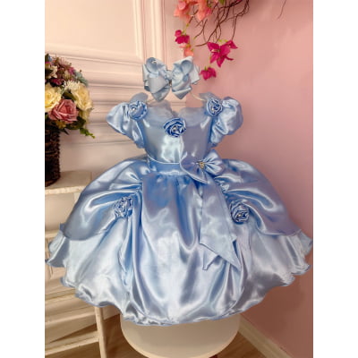 Vestido Infantil Cinderela Frozen Azul C/ Aplique de Flores Luxo