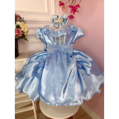 Vestido Infantil Cinderela Frozen Azul C/ Aplique de Flores Luxo
