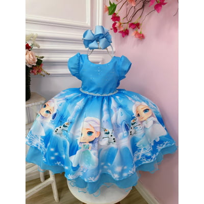 Vestido Infantil Frozen Azul Com Busto Strass Princesas Gelo