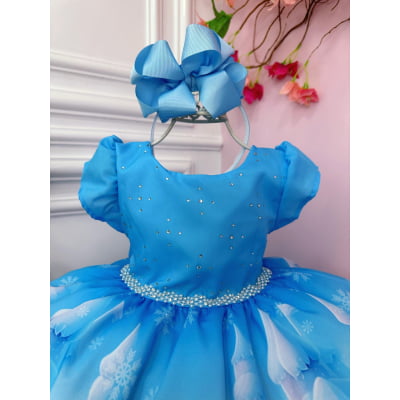Vestido Infantil Frozen Azul Com Busto Strass Princesas Gelo
