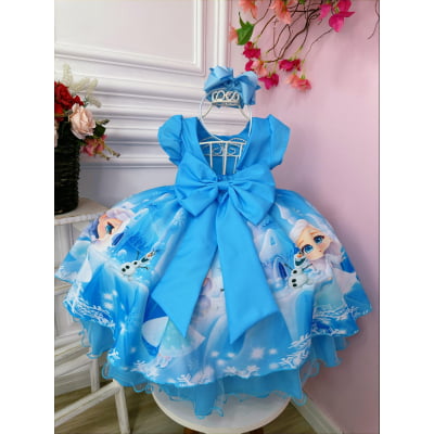 Vestido Infantil Frozen Azul Com Busto Strass Princesas Gelo