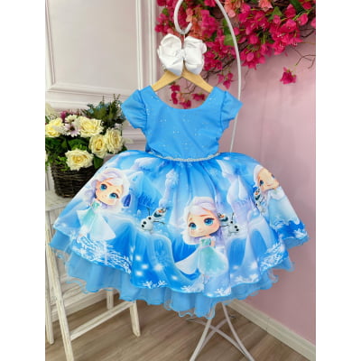 Vestido Infantil Frozen Azul Com Busto Strass Princesas Gelo